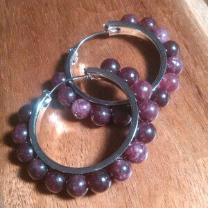 Mozambique Garnet Silvertone Beaded Hoop Earrings